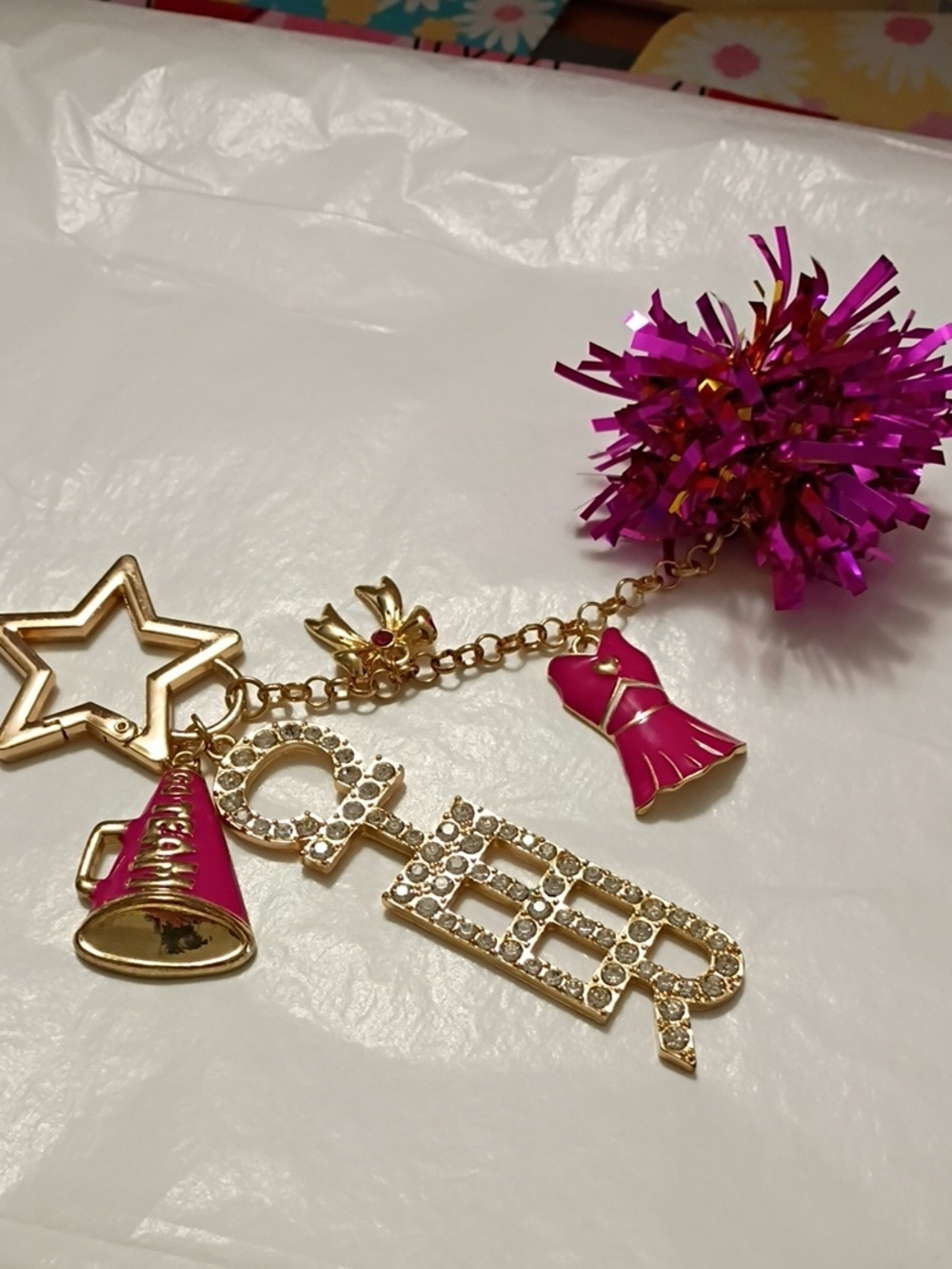 Gold & Hot Pink Cheer Pom Keychain Charm Set